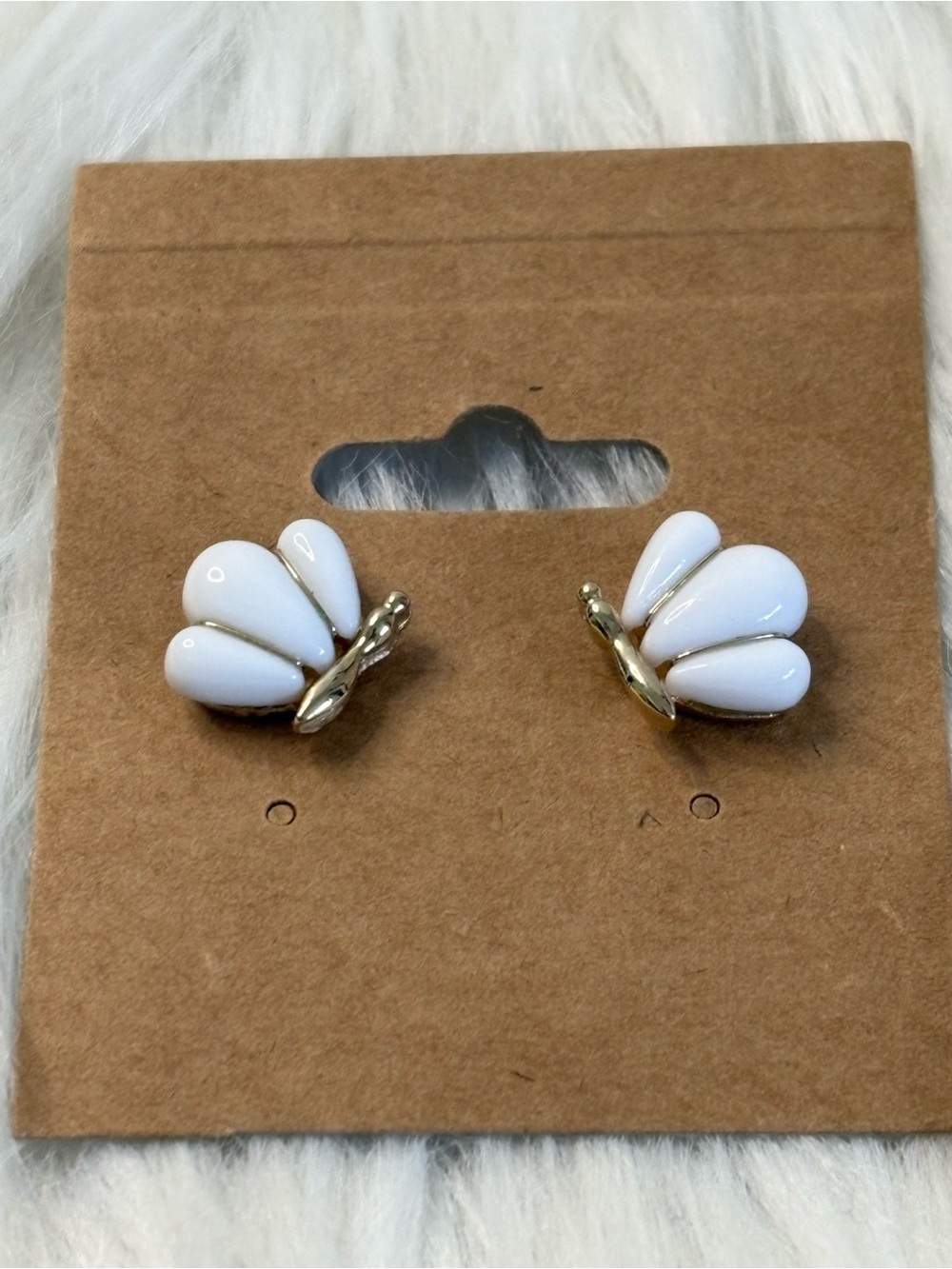 (231)Avon White Butterfly Stud Earrings - Gold Tone